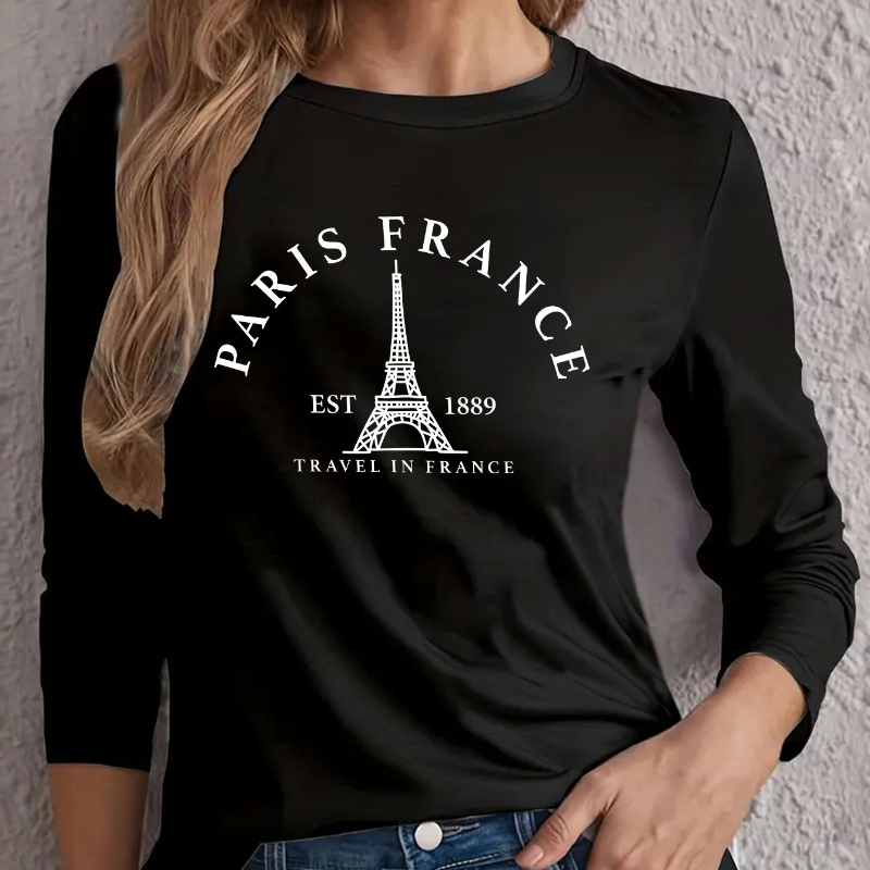 

Plus Size Paris Print T-shirt, Long Sleeve Crew Neck Casual Top For Spring & Fall, Women's Plus Size Clothing