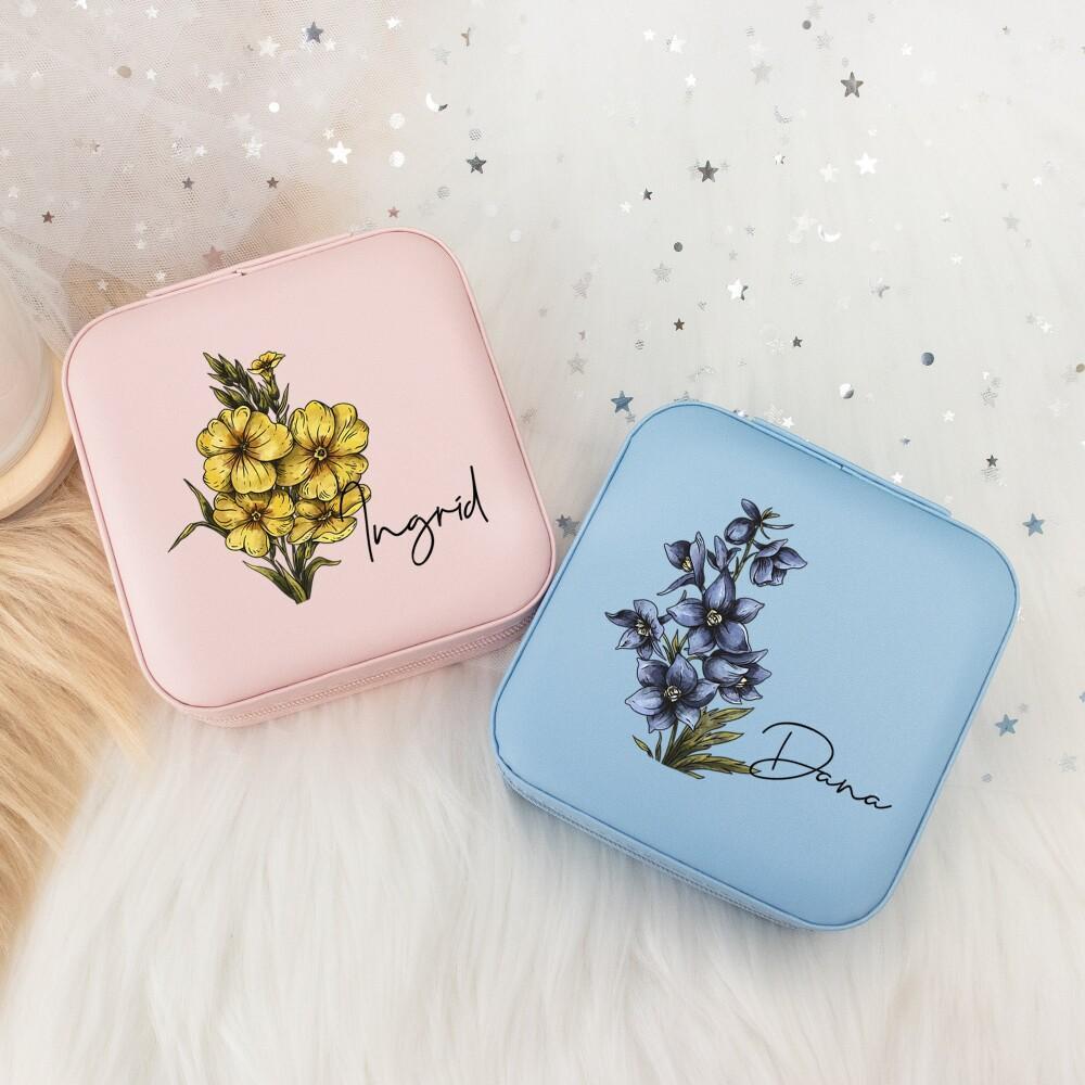 

1pc Personalized Birth Flower Jewelry Box, Pu Leather Travel Jewelry Case, Colorful , Mother's Day, Birthday, Christmas, Thanksgiving Gift, Jewelry Organizer For Her