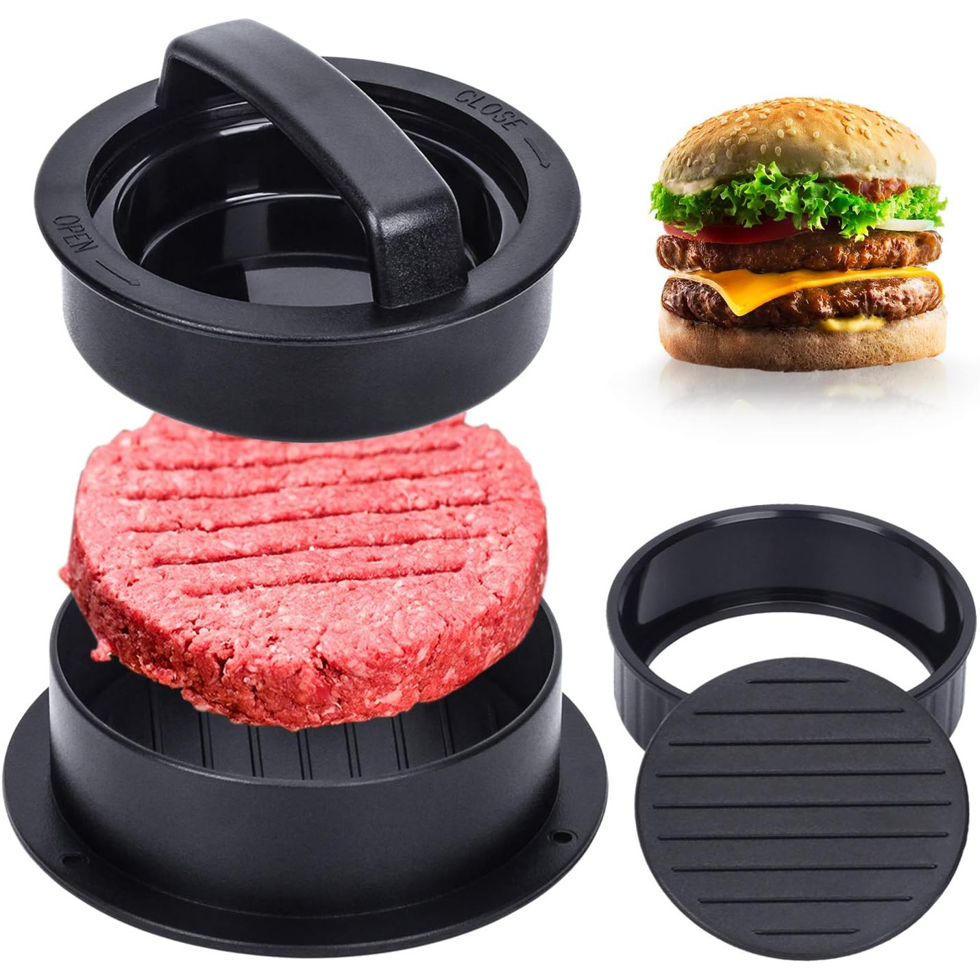 

Presse à Hamburger et Fabricant de Galettes 3-en-1 Antiadhésif - pour les Farcis, Sliders & Galettes de - Accessoire de Cuisine pour Grillades, Outil de Barbecue, Cuisine