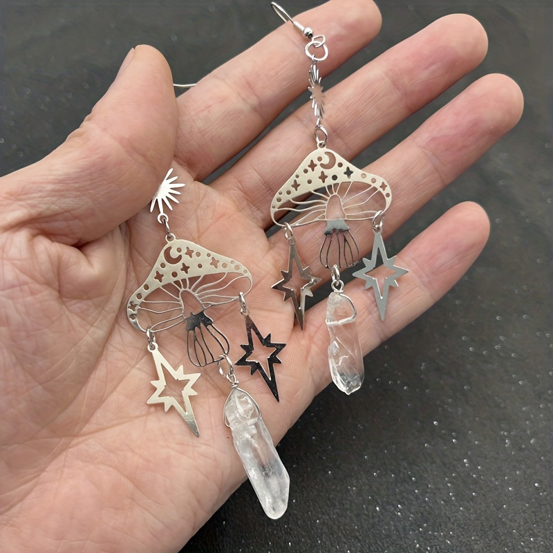 Ethereal Quartz Mushroom Pendant Earrings - Uniquely Crafted Dangle Design - Hypoallergenic Alloy Jewelry for Women & Girls - A Perfect Heartfelt Gift Idea