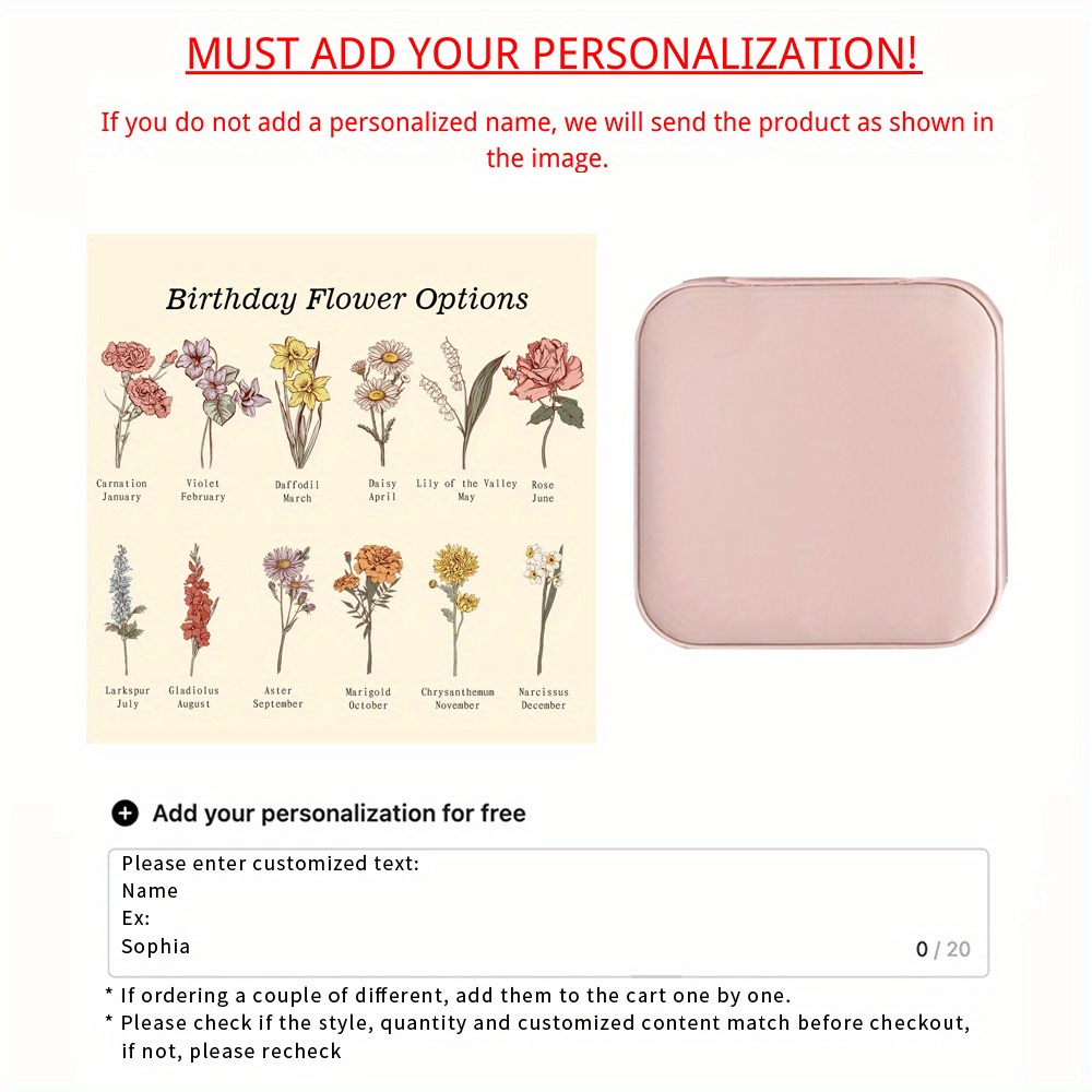TEMU Personalized Pu Leather Jewelry Box - Custom Birth Flower Engraved, Travel Jewelry Organizer For Women - Unique Birthday, Mother's Day Gift - 1pc