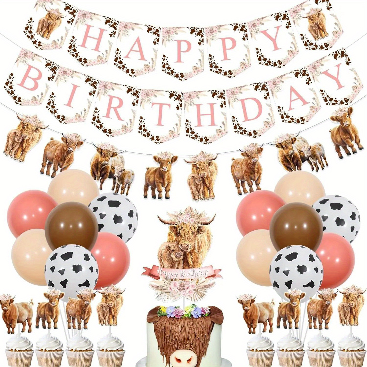 

1set Highland Cow Birthday Decorations, Boho Retro Floral Highland Cow Party Supplies - Happy Birthday Banner, Highland Cattle Garland, Cake Toppers, Balloons For Farm Animal Holy Cow Party Decor