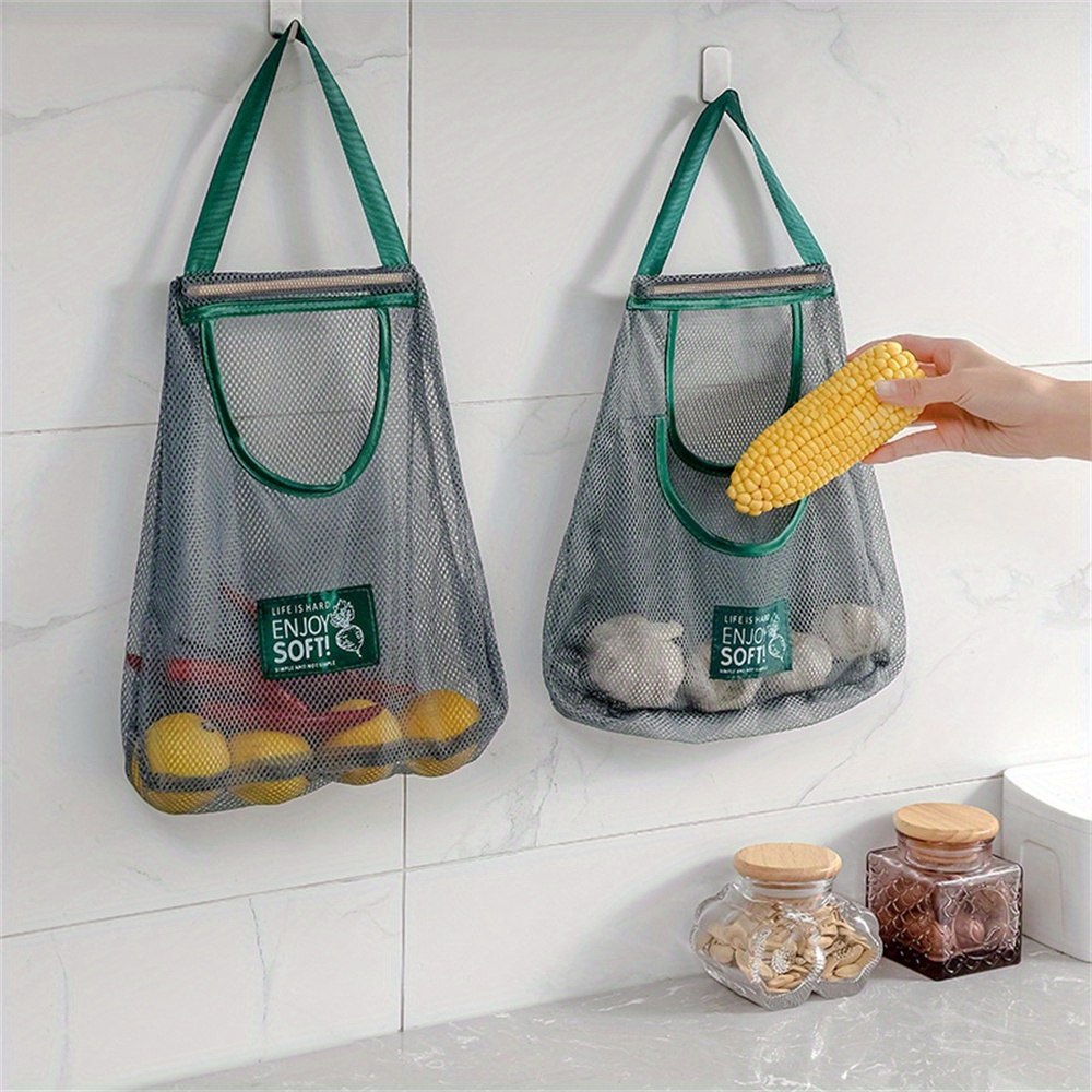 versatile farmhouse mesh hanging bag space saving breathable storage for kitchen bathroom essentials   fruits vegetables spices toiletries details 2