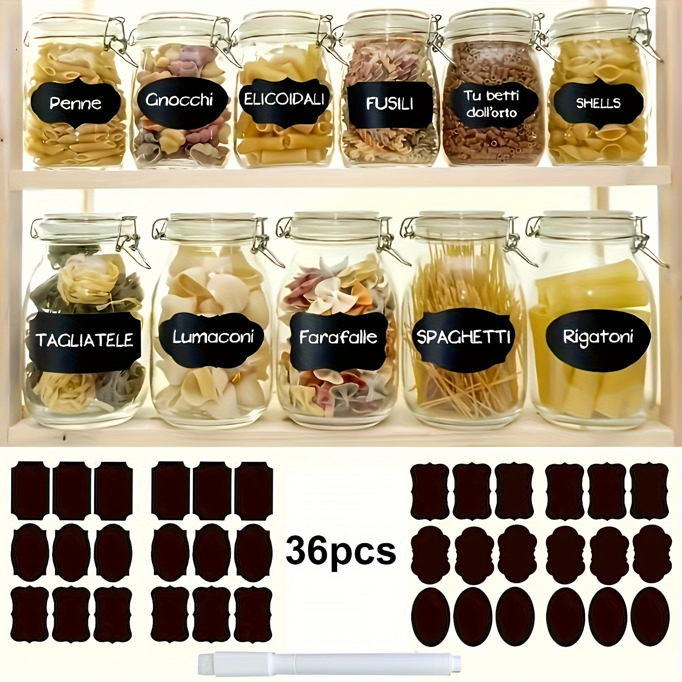 36pcs Food Storage Container Labels with Pen - Glue-Free, Self-Adhesive, Blackboard Sticker for Spices, Cheese, and More - Kitchen Accessories