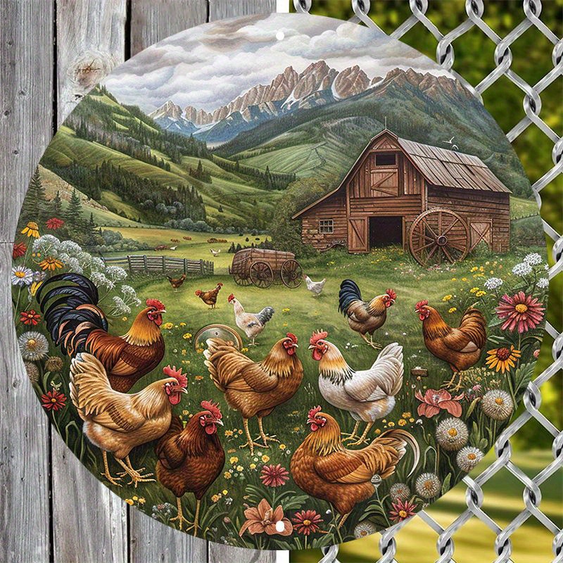

Aluminum Farmhouse Wall Decor Sign Set Of 1pc, 8x8 Inch Circular Chicken & Barn Scenic Art, Weather-resistant Outdoor Metal Decoration, Pre-drilled Hd Print, Home & Garden Accent By Linda Design