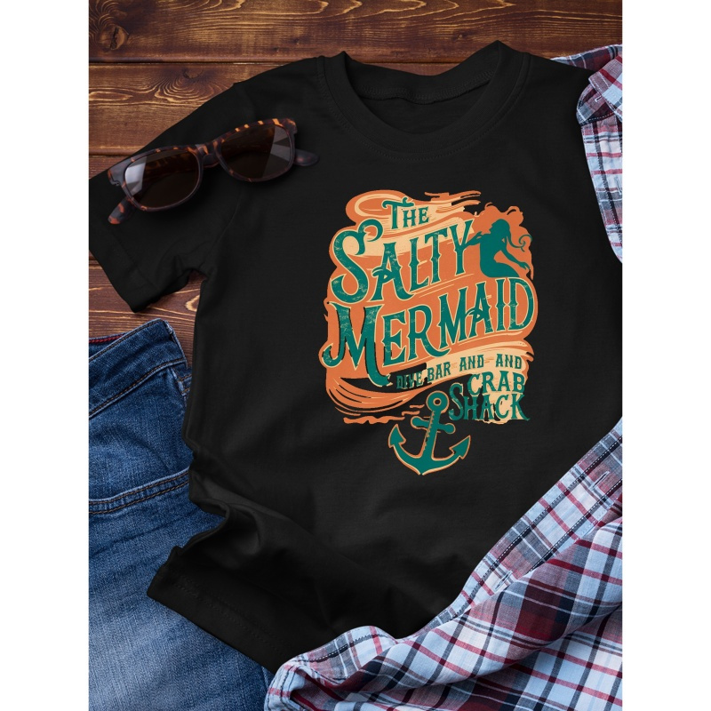 

The Salty Mermaid Print Crew Neck T-shirt For Men, Casual Short Sleeve Top, Men's Clothing For Summer Daily Wear