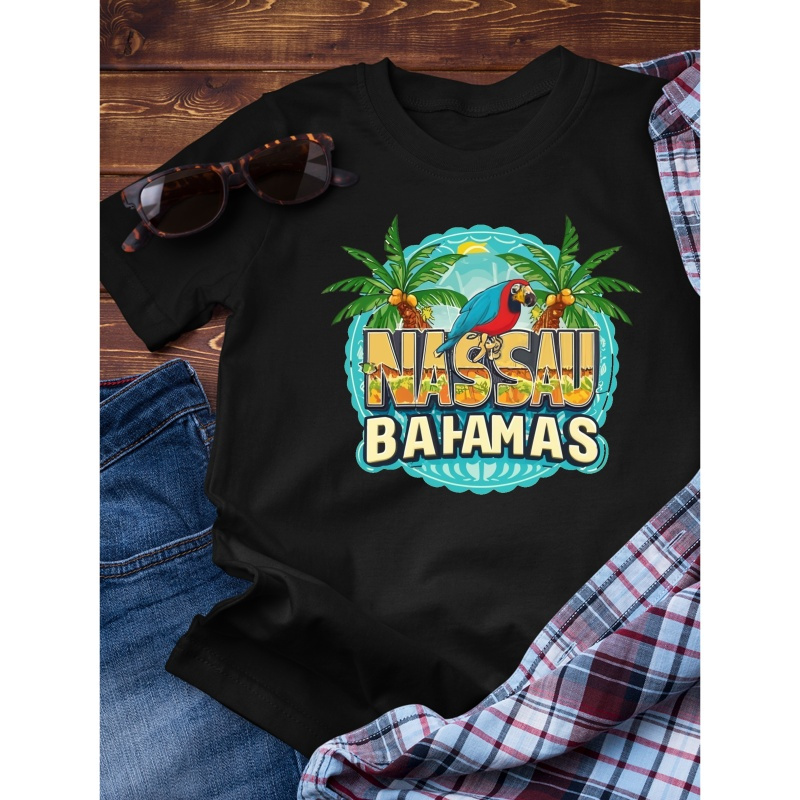 

Nassau Parrot Bahamas Print Crew Neck T-shirt For Men, Casual Short Sleeve Top, Men's Clothing For Summer Daily Wear