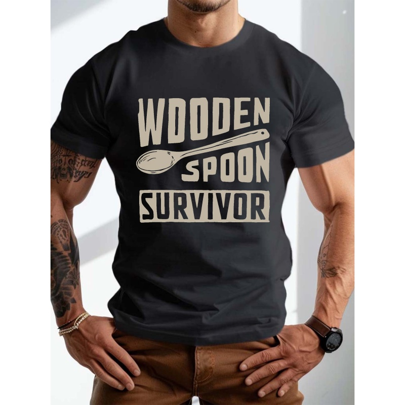 

Men's Plus Size Casual T-shirt With "wooden Spoon Survivor" Graphic Print, Short Sleeve Crew Neck Summer Trendy Top For Daily Wear, Big & Tall