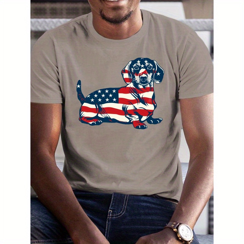 

Dachshund With American Flag Theme Print Tee Shirt, Tees For Men, Casual Short Sleeve T-shirt For Summer