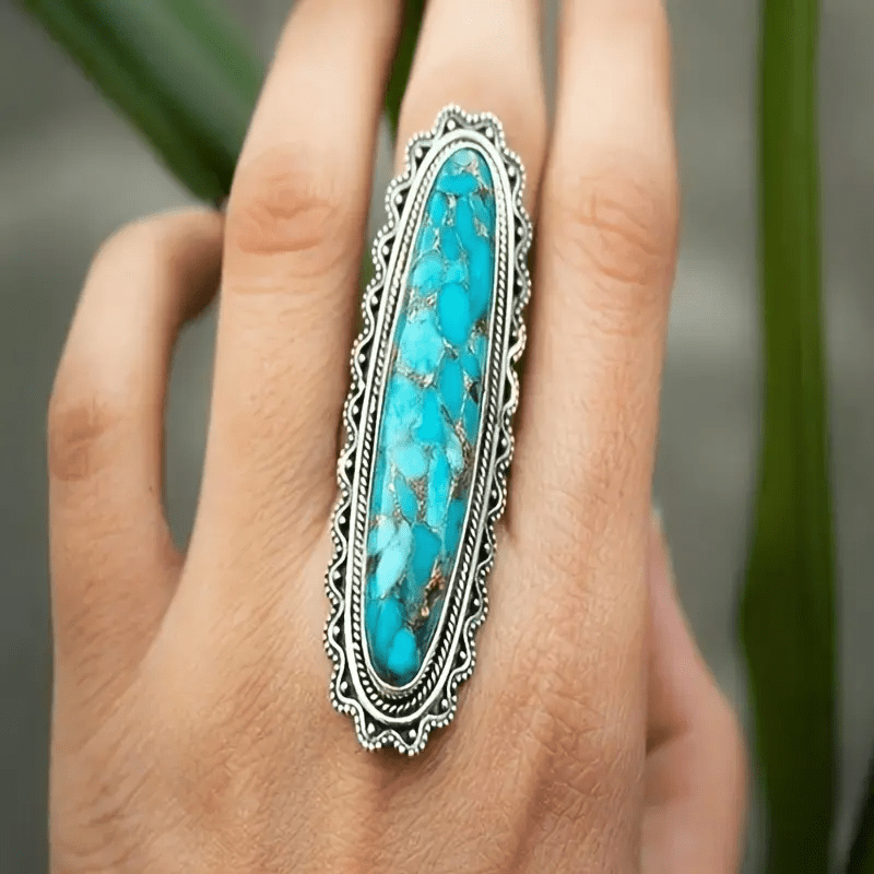 TEMU A Stylish Vintage Bohemian Ring With Elegant Turquoise Inlay, Silver-plated Zinc Alloy, And Golden Accents, Perfect As A Decorative Gift For A