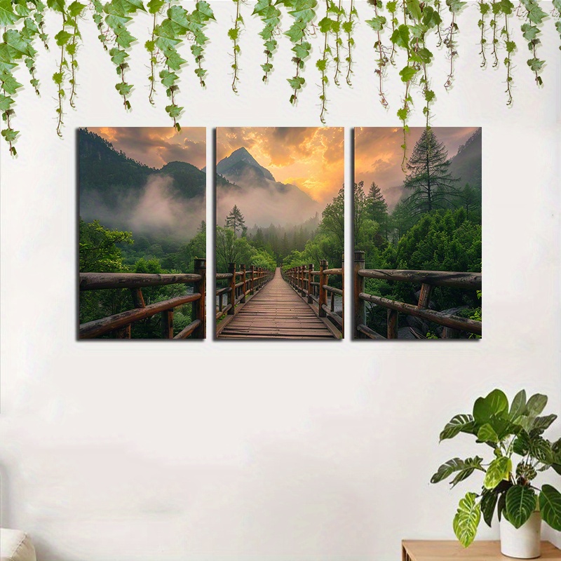 

Set Of 3 Landscape Canvas Wall Art - Frameless 12x18 Inch Cloth Prints, Sunrise With Wooden Bridge Scenery, Modern Home And Living Room Decor - Lz5125