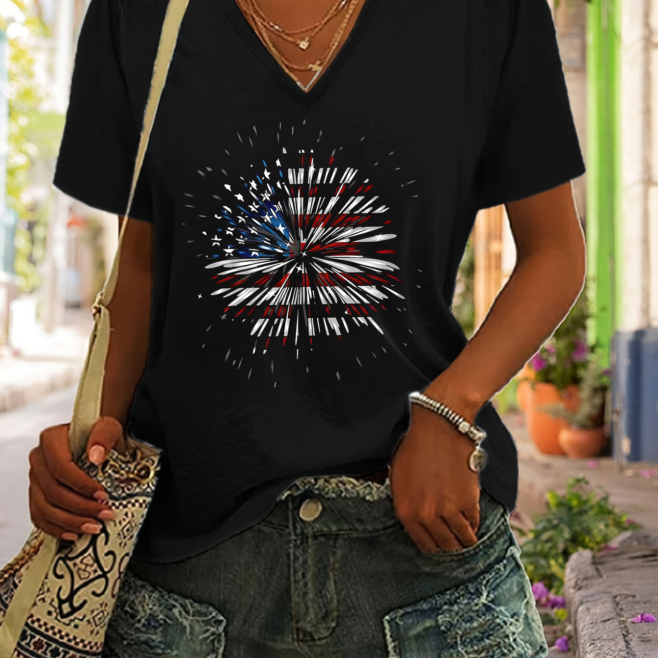 

Independence Day Fireworks Print T-shirt, Short Sleeve V Neck Casual Top For Summer & Spring, Women's Clothing