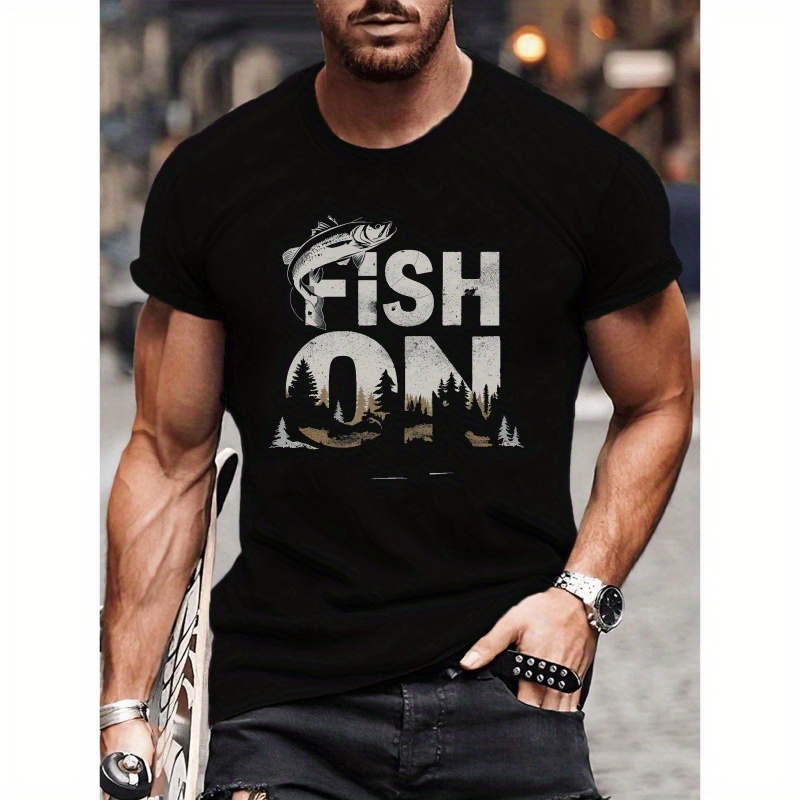 

fish On" Alphabet Print Crew Neck Short Sleeve T-shirt For Men, Casual Summer T-shirt For Daily Wear And Vacation Resorts