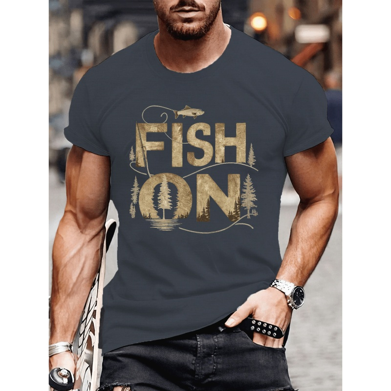 

Fish On Alphabet Print Crew Neck Short Sleeve T-shirt For Men, Casual Summer T-shirt For Daily Wear And Vacation Resorts