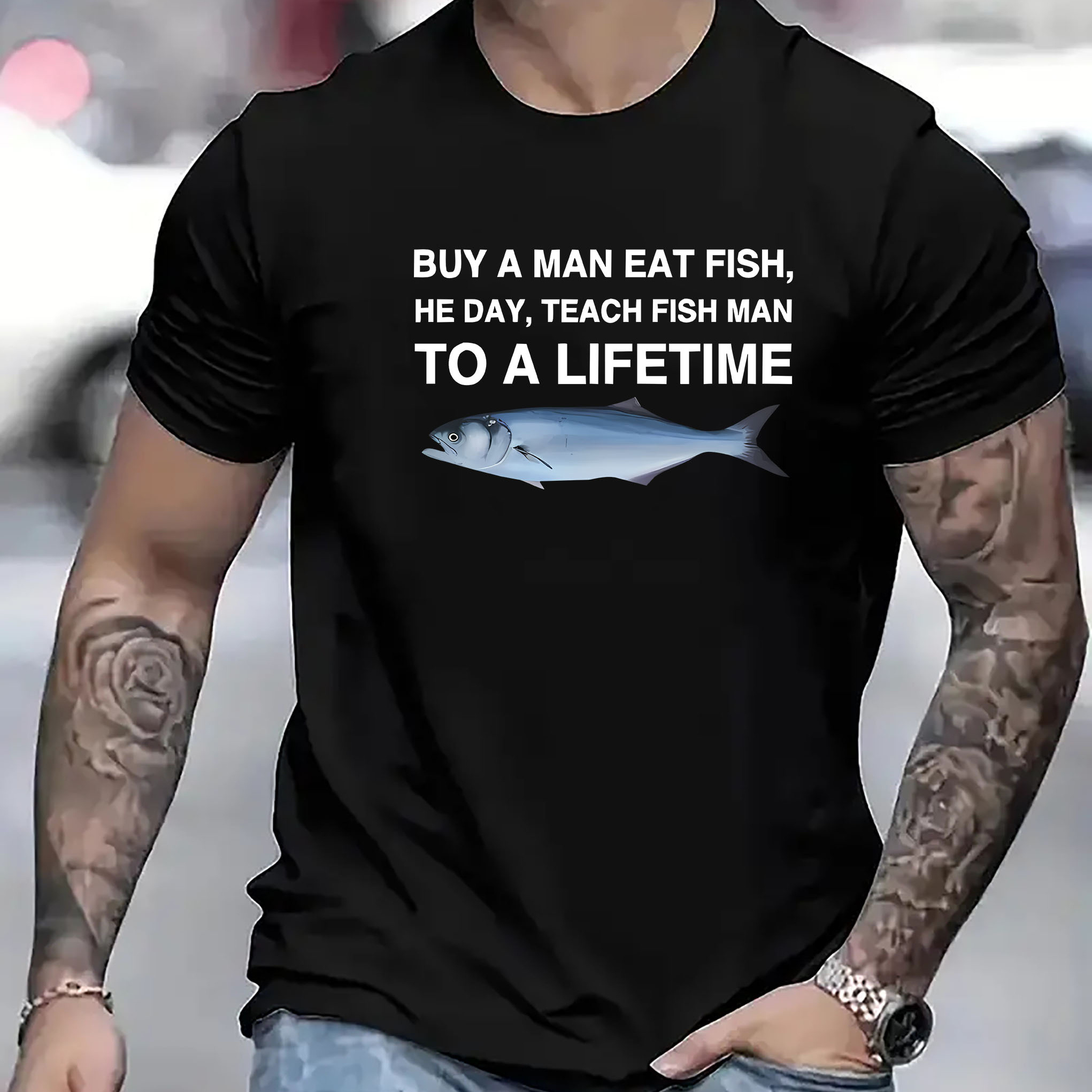 

Teach To A Lifetime Creative Humorous Phrase Print, Men's Crew Neck Short Sleeve Summer T-shirt, Casual Comfy Fit Top For Daily And Outdoor Wear