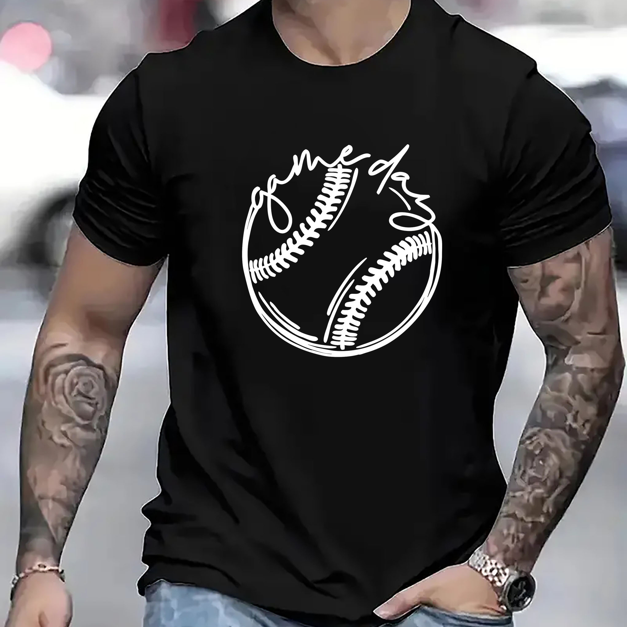 

Game Day Creative Baseball Silhouette Graphic Print, Men's Round Neck Short Sleeve T-shirt, Casual Comfy Lightweight Top For Summer