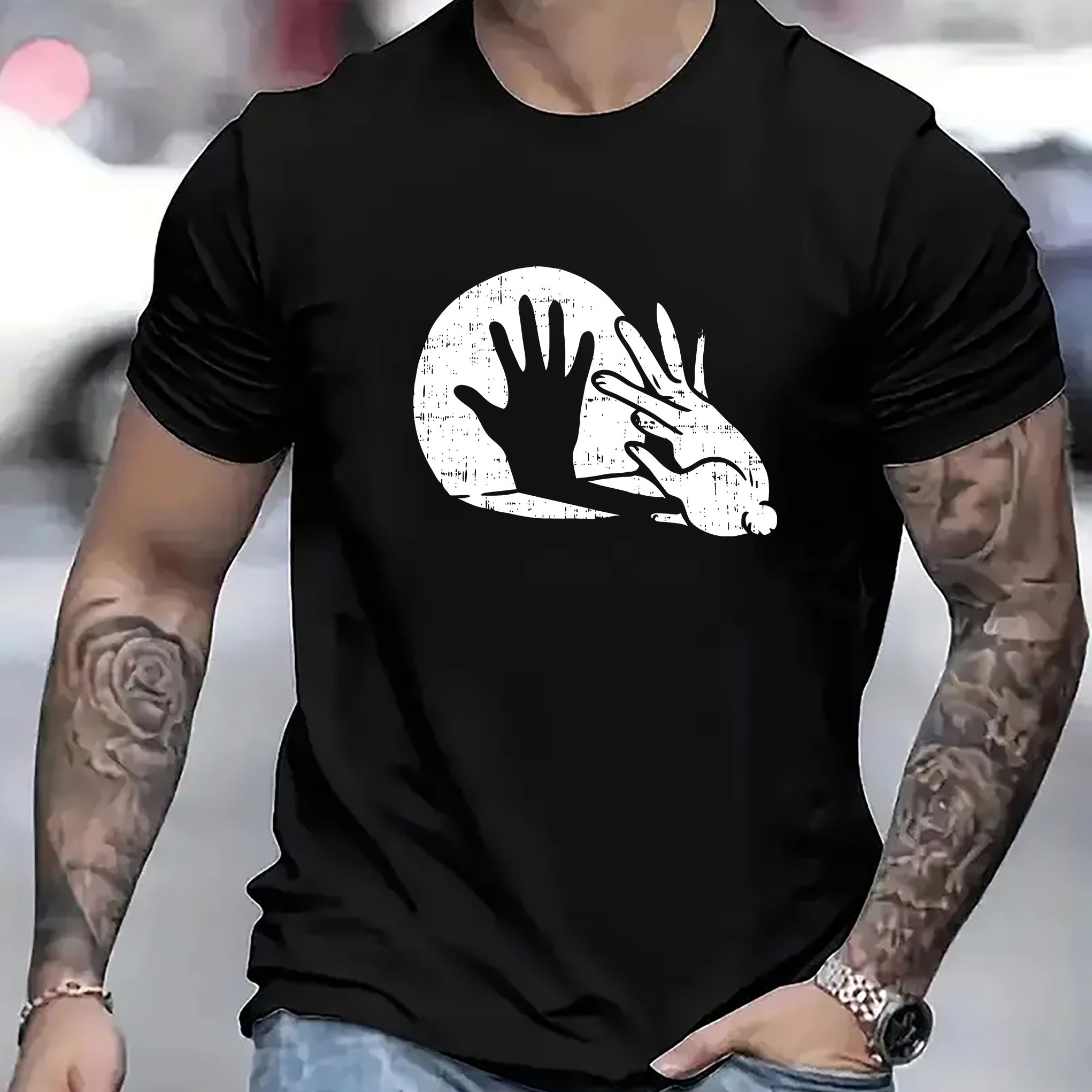 

Creative Cute Shadow Graphic Print, Men's Crew Neck Short Sleeve Summer T-shirt, Casual Comfy Fit Top For Daily And Outdoor Wear