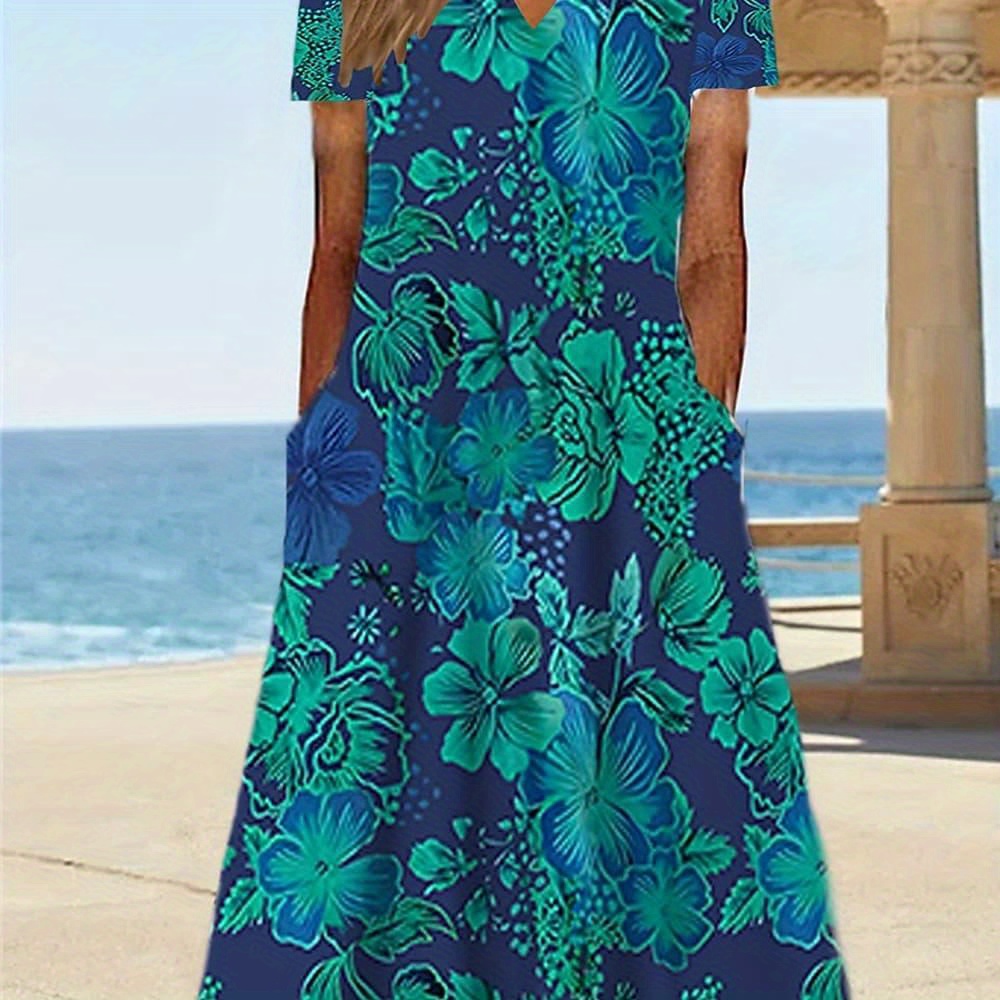 

Plus Size Floral Print Long Length Dress, Vacation Style Short Sleeve Notched Neck Dress For Spring & Summer, Women's Plus Size Clothing