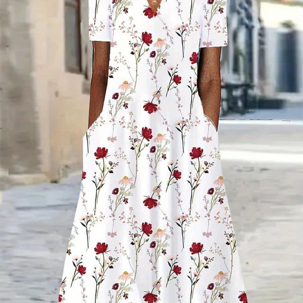 

Robe mi-longue à imprimé floral grande taille, robe décontractée à manches courtes et encolure crantée pour le printemps et l'été, vêtements grande taille pour femmes.