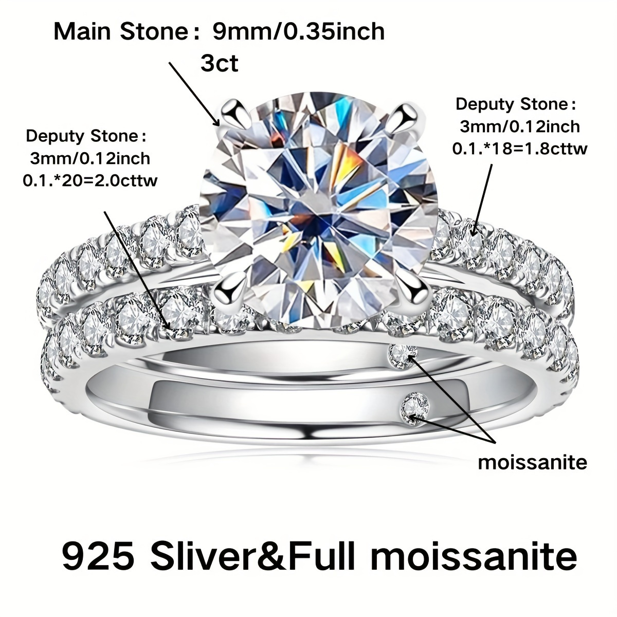 

Luxurious Fashion Set Ring S925 Silver D Color 6.8cttw, 3ct Main Stone Moissanite Ring, Inlaid Stone