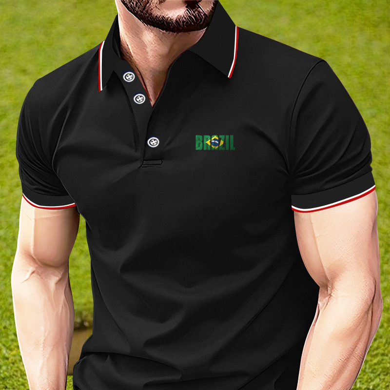 

'brazil' Graphic Men's Casual Lapel Shirt, Novelty Contrast Striped Short Sleeve Sports Golf Tops, Men's Clothing