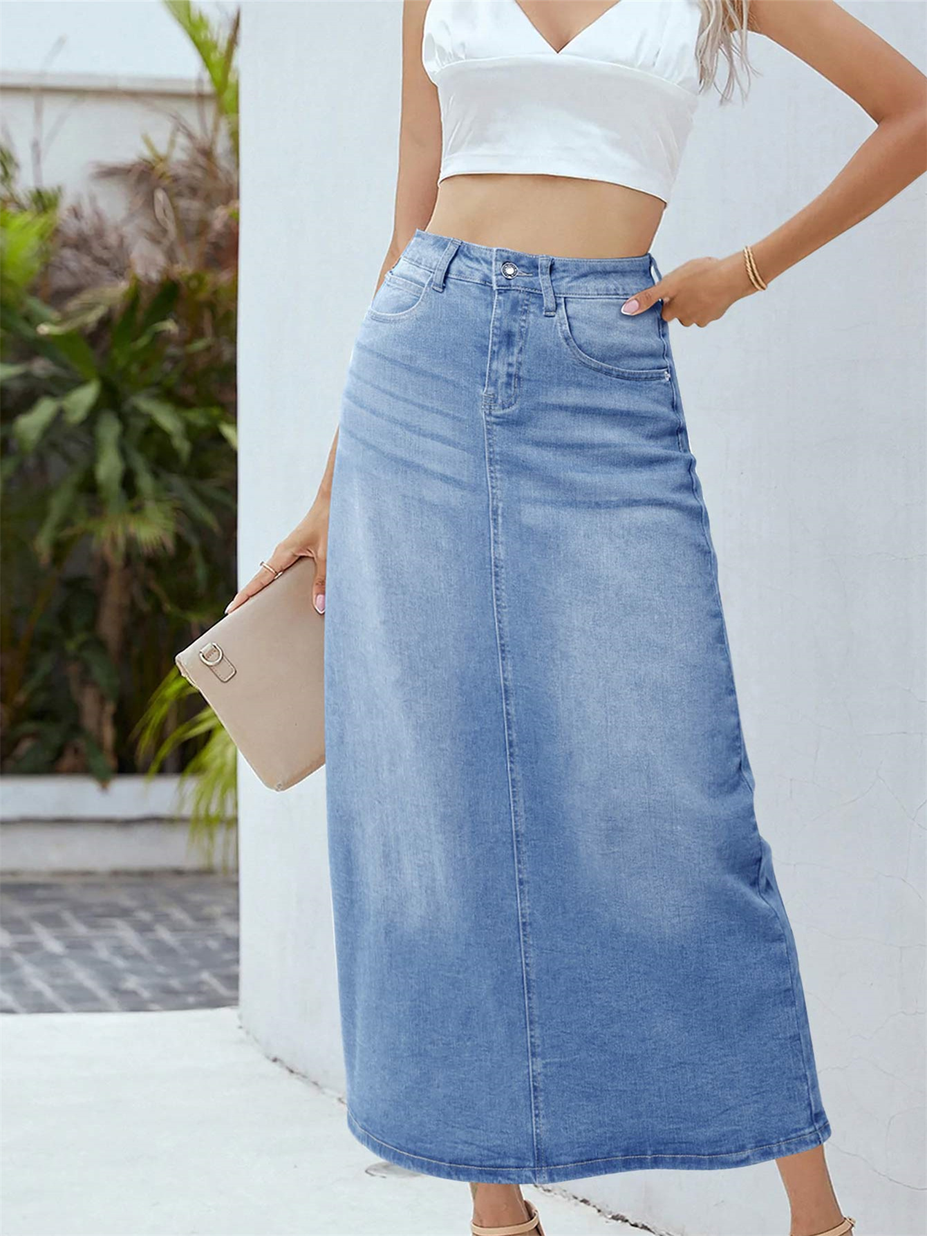 womens stretch high waisted a line maxi denim skirt heavy - Temu
