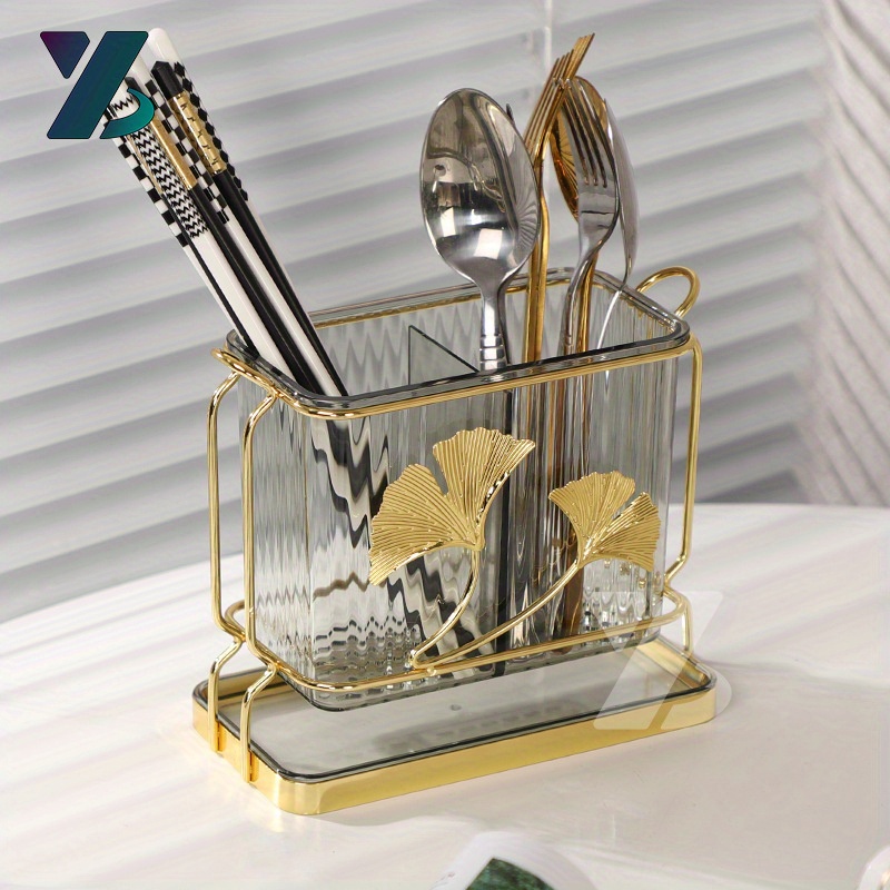 

Creative Rectangular Kitchen Utensil Holder With Drain Tray And Ginkgo Leaf Design, Dual Compartment Cutlery Organizer, Bracket Shelf, Plastic Material