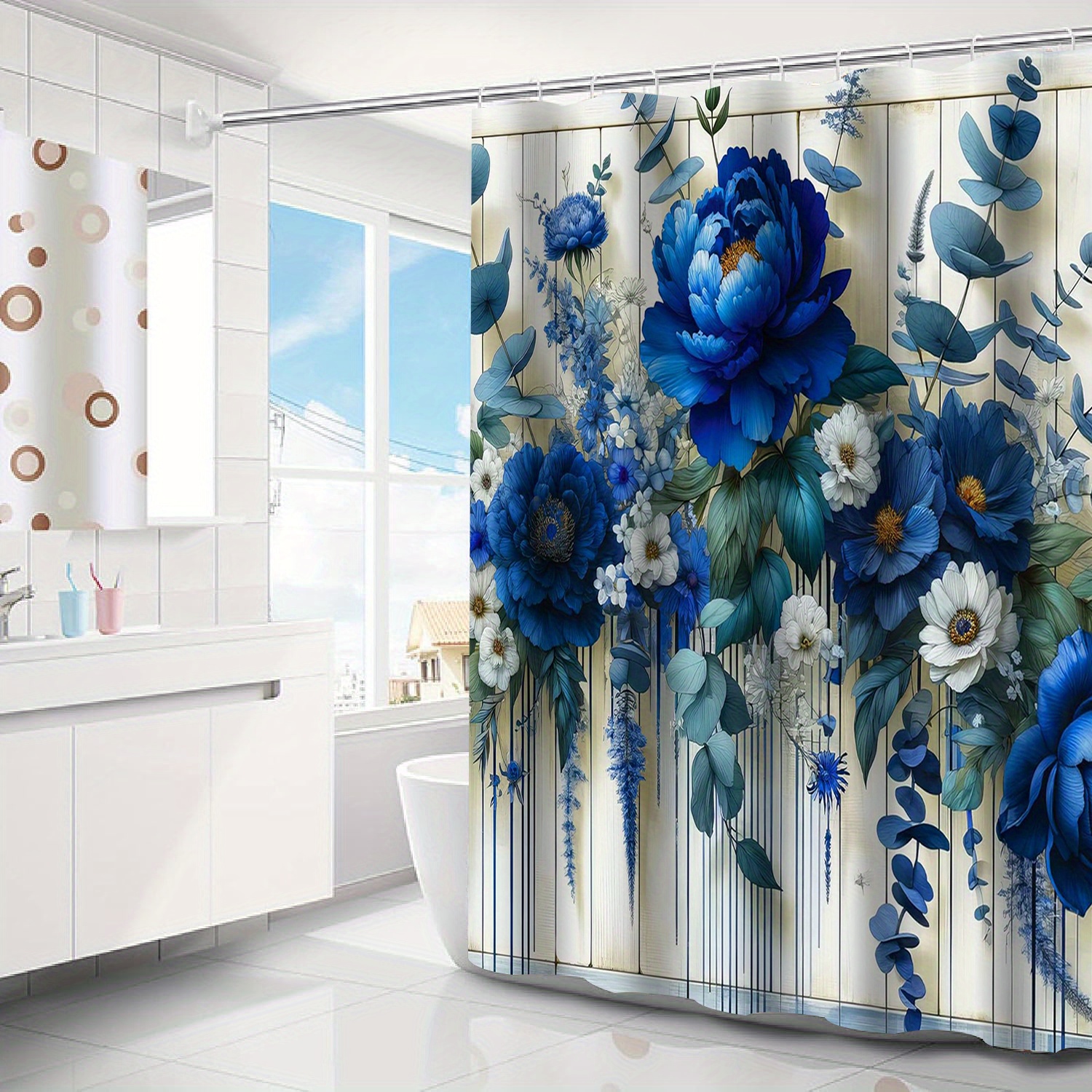 

Contemporary Floral Shower Curtain With Hooks - Waterproof Polyester Bathroom Curtain, Fashion Knit Weave, Machine Washable, Easy Clean, Multi- Home Decor Accessory - Grommet Top Curtain For Bathroom