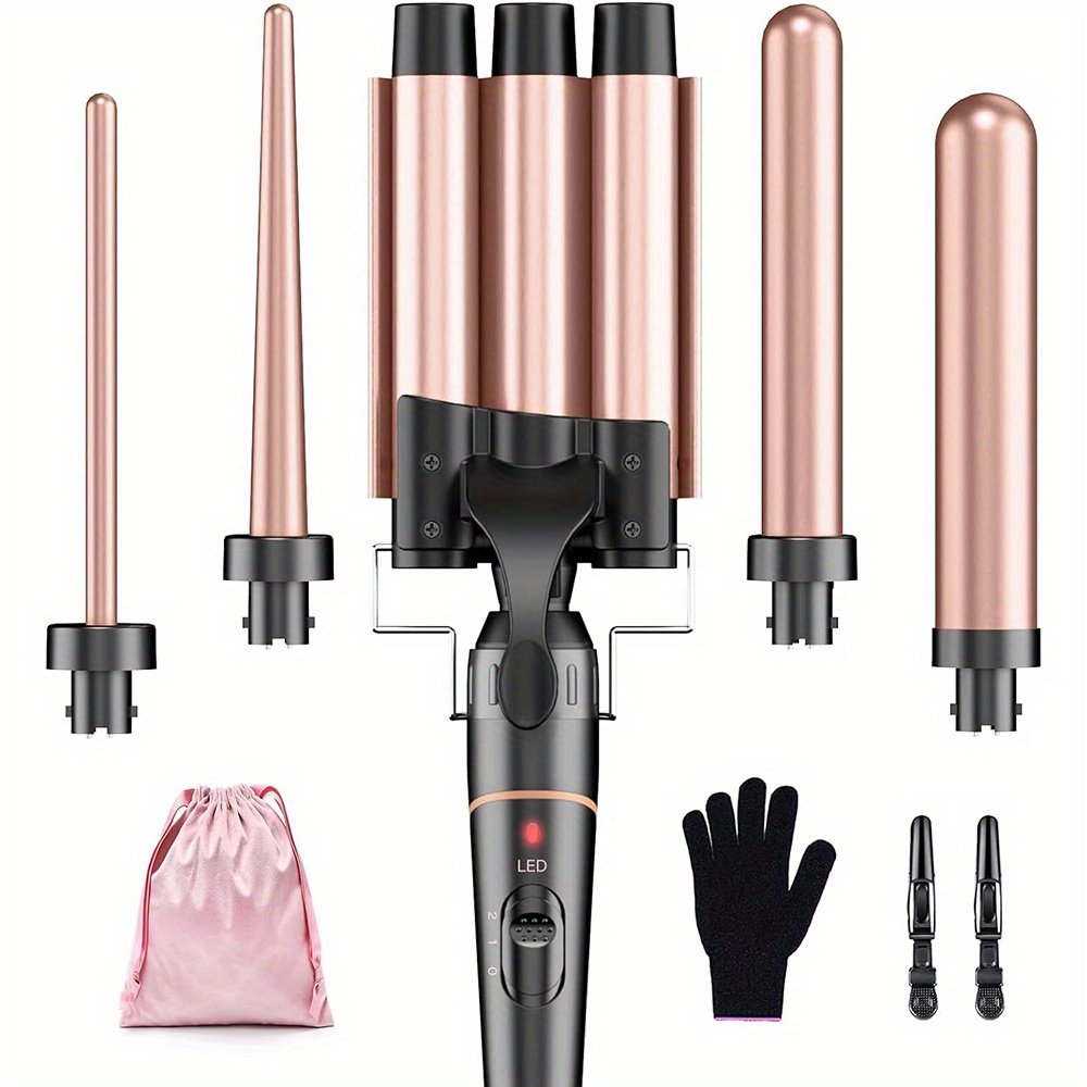 

5 In 1 Hair Curling Wand Set With 3 Barrels - Interchangeable Ceramic Curling Iron, Includes Heat-resistant Glove And 2 Hair Clips, For Large Curls And Waves, Mother's Day Gift