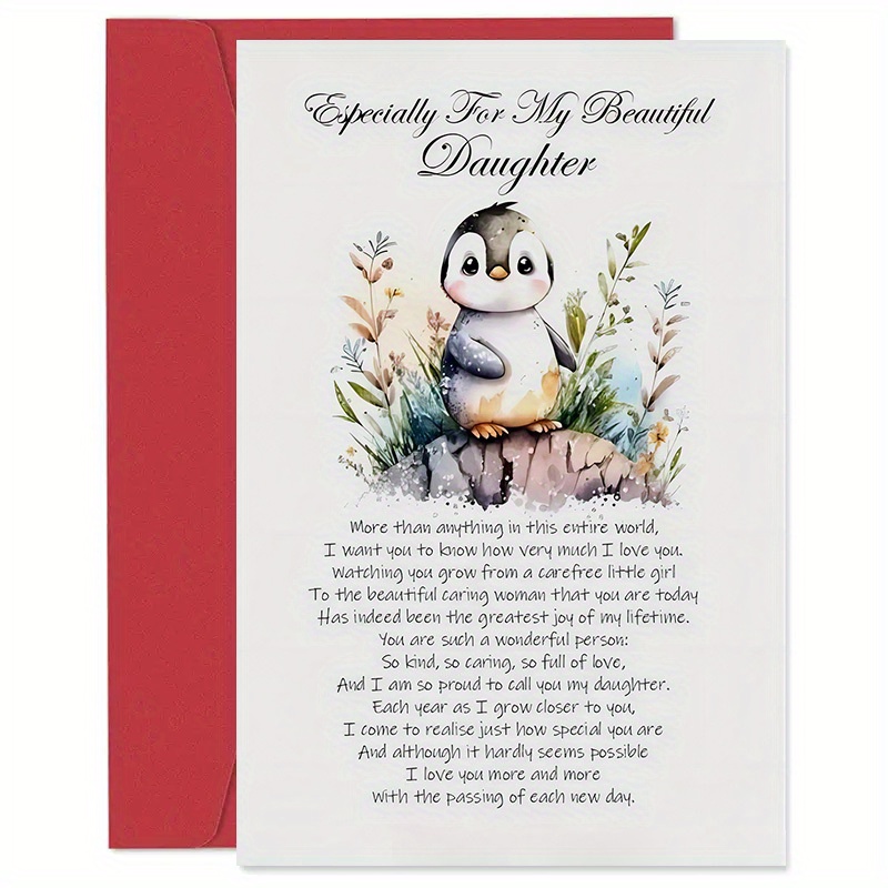 

1 Pc Daughter Birthday Card With Envelope, Cute Penguin Design, Sentimental Greeting For Daughter, Premium Quality Paper, 4.7"x7.1" – Perfect Keepsake For Celebrating Daughter's Special Day