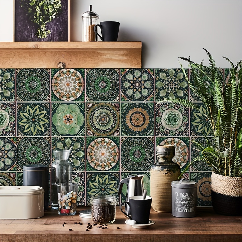 

24pcs Rustic European Mandala Flower Vinyl Wall Stickers, Waterproof Oil-resistant Self-adhesive Tile Decals For Kitchen & Bathroom, Home Decor Tabletop Accents