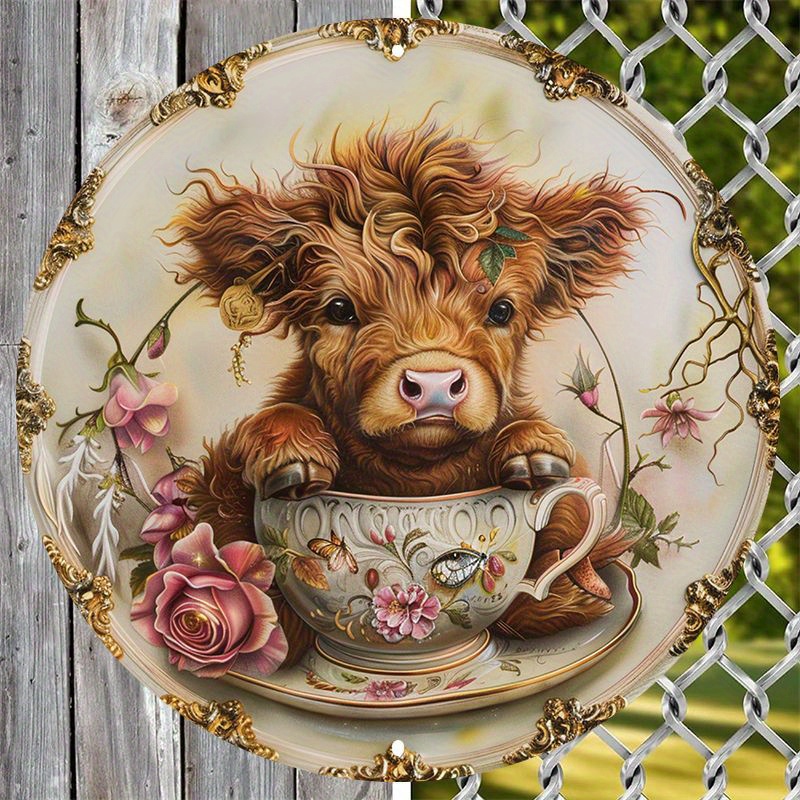 

Highland Cow In Teacup Aluminum Sign - 1pc 8" Round Waterproof Metal Wall Art With Hd Printing, Weather-resistant Outdoor/indoor Decor, Charming Animal Design For Home And Dorm Decorations