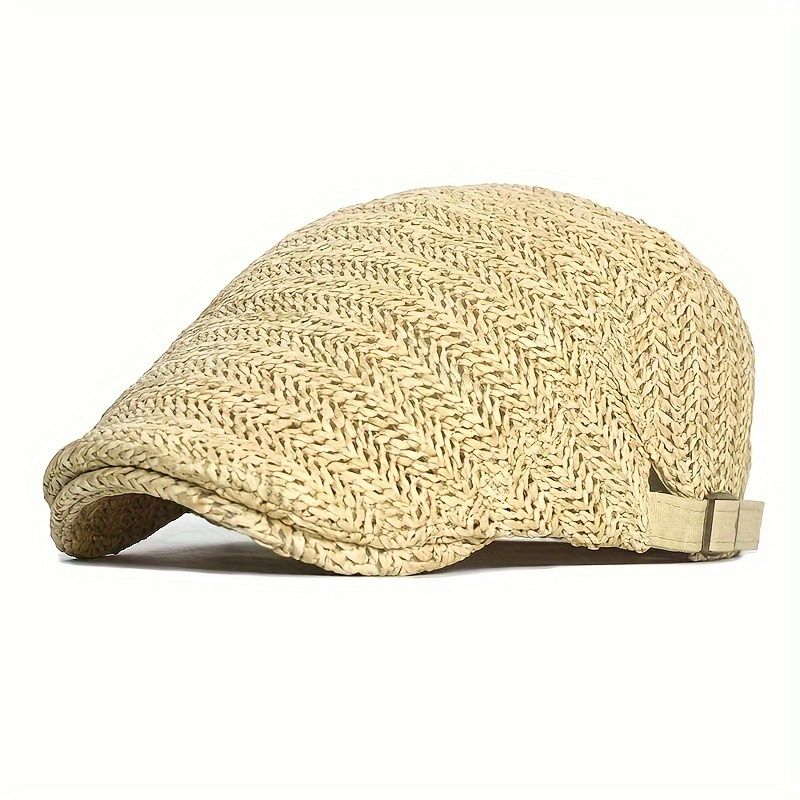 

1pc Adjustable Straw Woven Beret Cap For Men, Summer Breathable Mesh Design, Casual Flat Ivy Hat, Outdoor Sun Protection