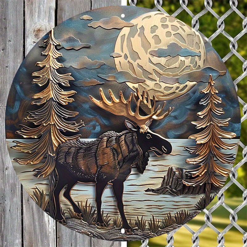 

Waterproof Aluminum Metal Wall Art, 8-inch Circular Moose & Nature Scene - Hd Printed Outdoor Decor With Pre-drilled Holes, Weather-resistant Garden Décor, Ideal For Home And Gifting - 1pc