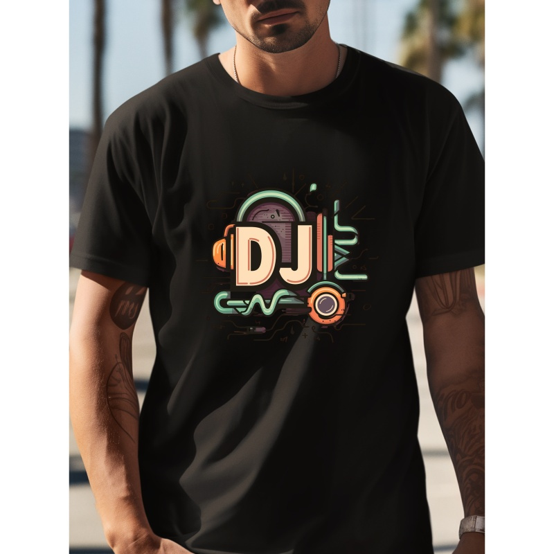 

Dj Graffiti Print Casual Short Sleeve T-shirt, Men's Crew Neck Versatile Summer Outdoor Tee Tops