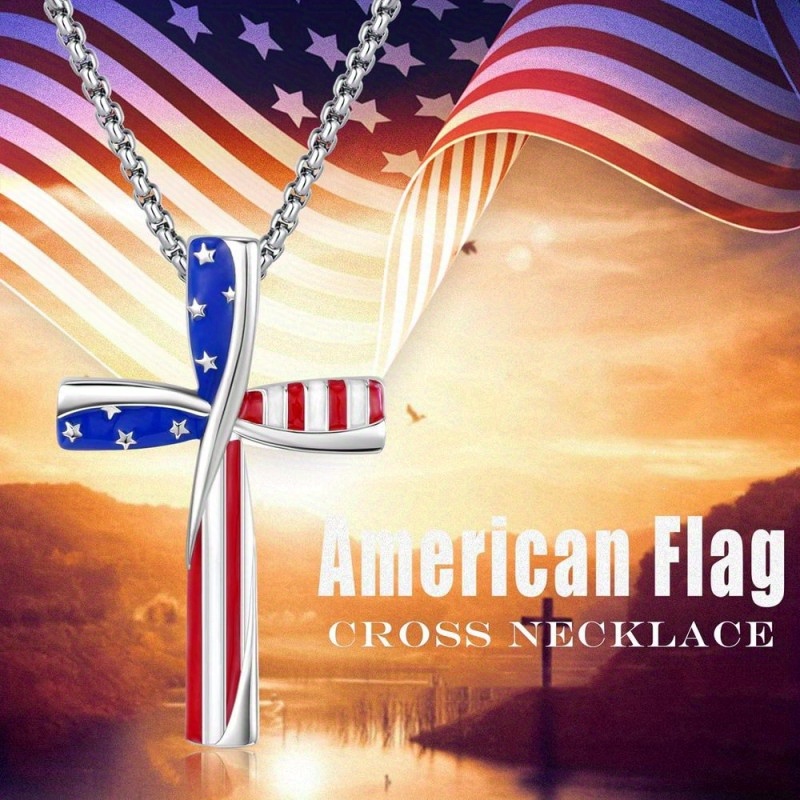 patriotic american flag cross necklace fashionable alloy pendant for women girls perfect for independence day flag day celebrations details 0