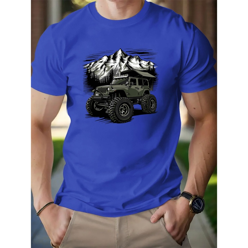 

Monster Truck & Mountain Graphic Print, Men's Casual & Comfy Short Sleeve Tee, Men's Cotton Clothes For Summer, As Gifts For Everyday Activities