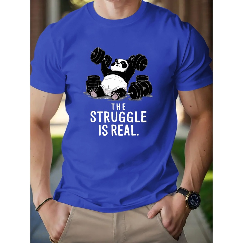 

Panda With Dumbbells Graphic Print, Men's Casual & Comfy Short Sleeve Tee, Men's Cotton Clothes For Summer, As Gifts For Everyday Activities