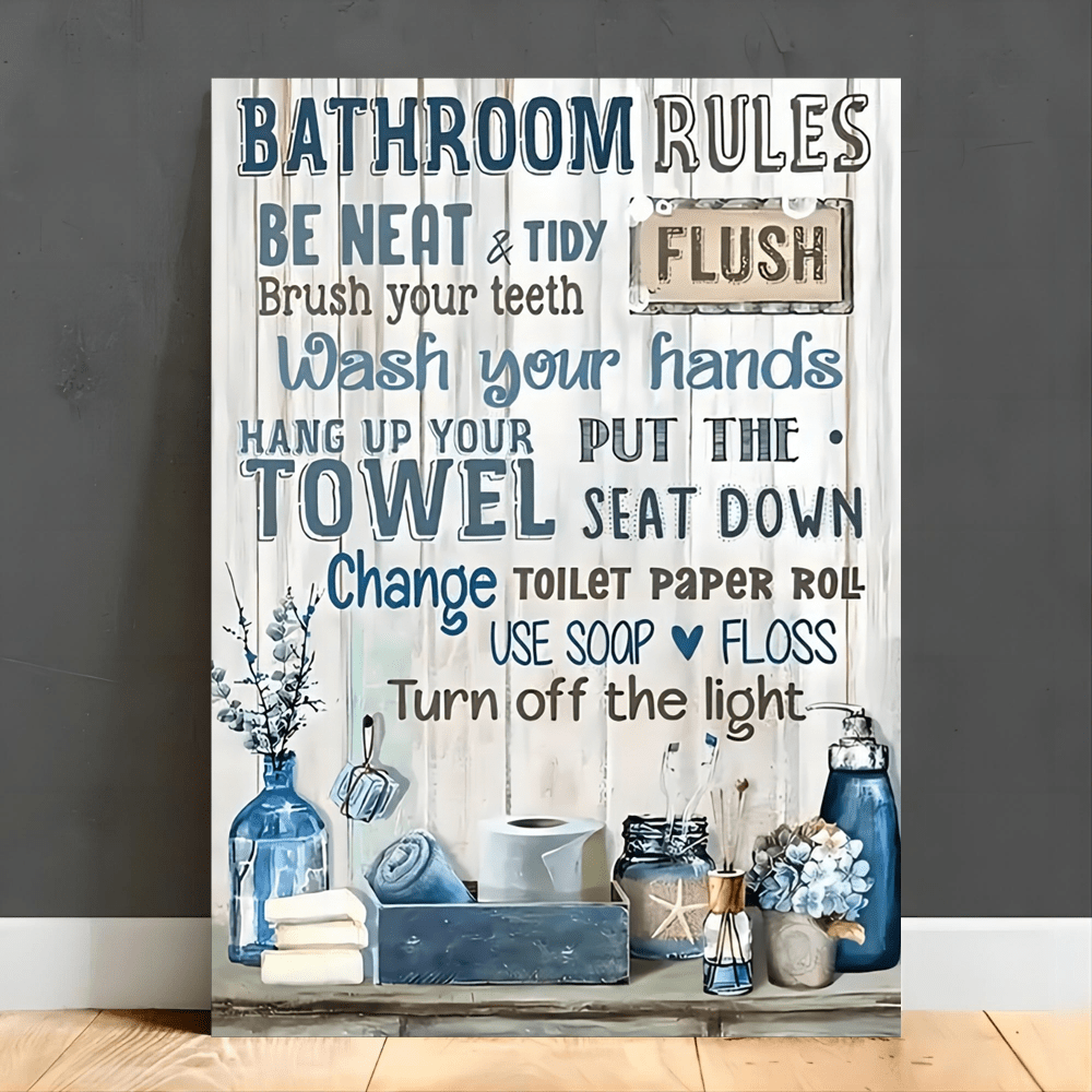 

1pc Wooden Framed Canvas Painting Bathroom Decor Canvas Wall Art Rustic Bathroom Rules Sign Picture Wall Art Prints With Frame, For Living Room & Bedroom, Home Decoration, Out Of The Box