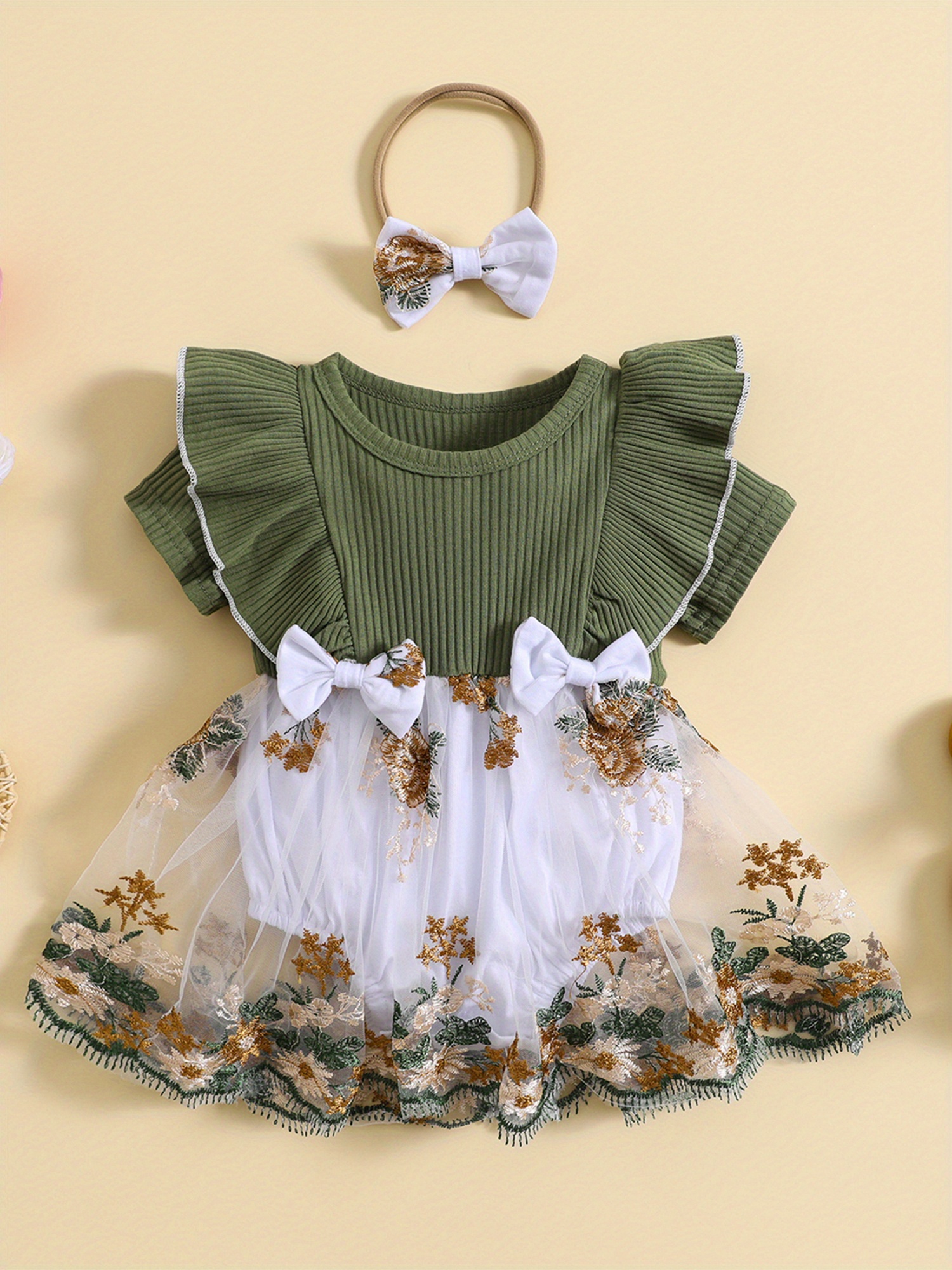 baby girl dress matching bow headpiece floral knit ribbed - Temu