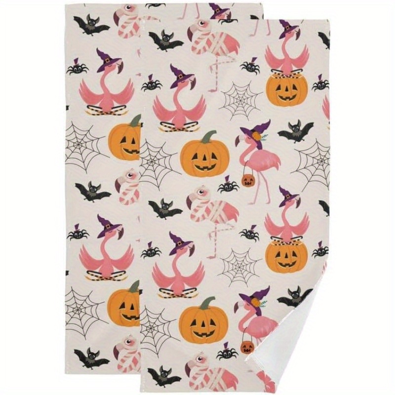 

Flamingo Pumpkin Kitchen Towels, Set Of 2, Super Soft Polyester Blend, Modern Woven Dish Cloth, Machine Washable, Decorative Hat Spider Bat Motif, Absorbent Fingertip Towels For Home, 18x26 Inches