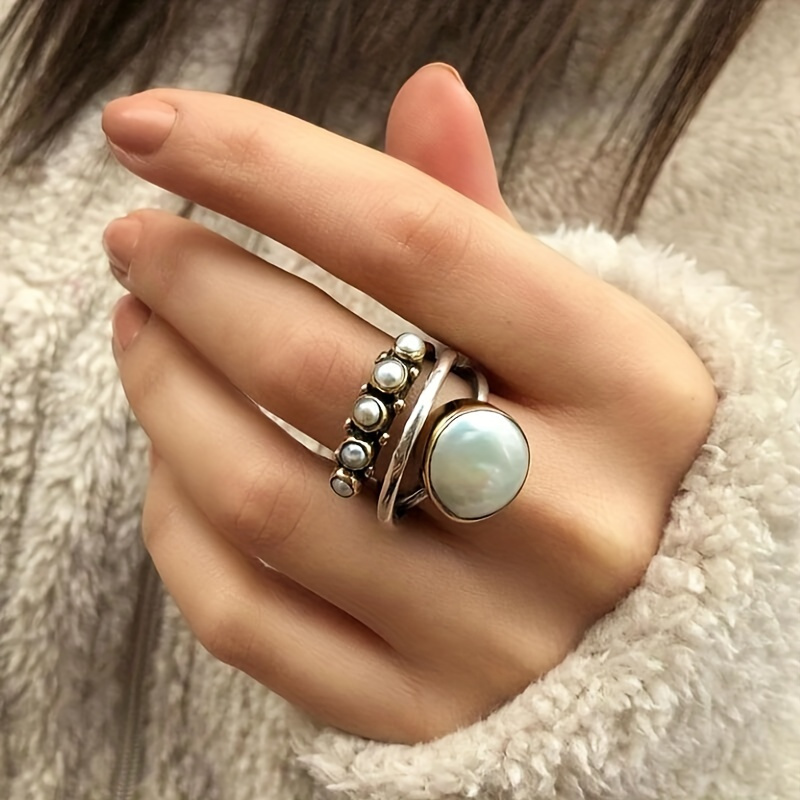 

Vintage Pearl Ring - Chic Boho Style With Ethereal Faux Pearls - Adjustable Womens Jewelry For Daily Glamour