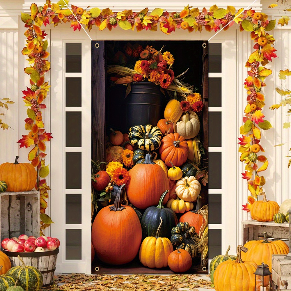 

Fall Harvest Thanksgiving Door Banner Set Of 1, Polyester Pumpkin Backdrop Seasonal Farmhouse Front Door Hanging Sign For Multipurpose Home Wall Decor, General Fit For Carnivals Without Electricity