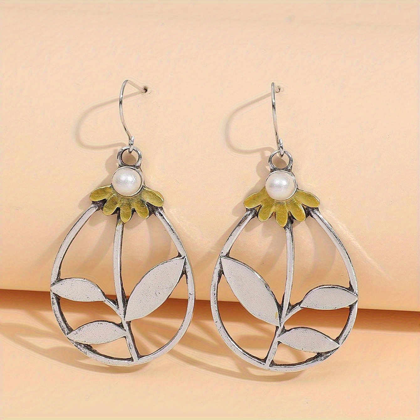 TEMU Charming Water Drop Earrings - Fashionable Floral & Leaf Design - Retro Dangle Zinc Alloy Jewelry -, Hypoallergenic, Lightweight - An Exquisite Gift For Her
