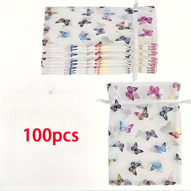 TEMU 100pcs, Drawstring Mesh Pocket, Colorful Foil Stamping Bag, Bag, Jewelry Gift Storage Bag, Double Drawstring Pocket, Small Gift Packaging Bag,
