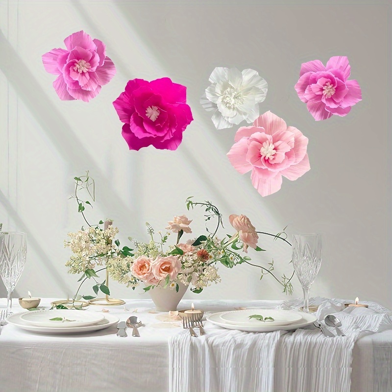5 Fleurs En Papier Crépon Blanc - Décoration Murale Pour Mariage, Anniversaire, Fête Prénatale - 7