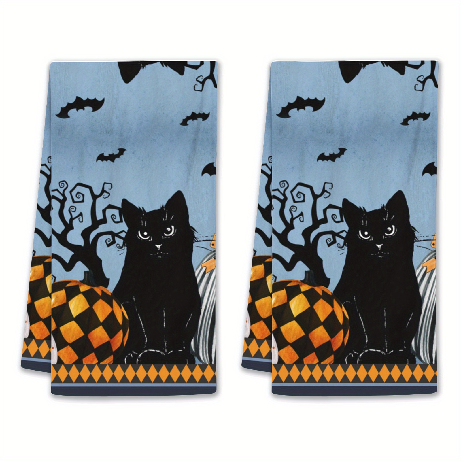 

2-pack Halloween Kitchen Dish Towels - Super Soft Polyester Non-woven Hand Towels, Modern Fantasy Black Cat Pumpkin Design - 18x26 Inch Absorbent Drying Cloths For Home Decoration