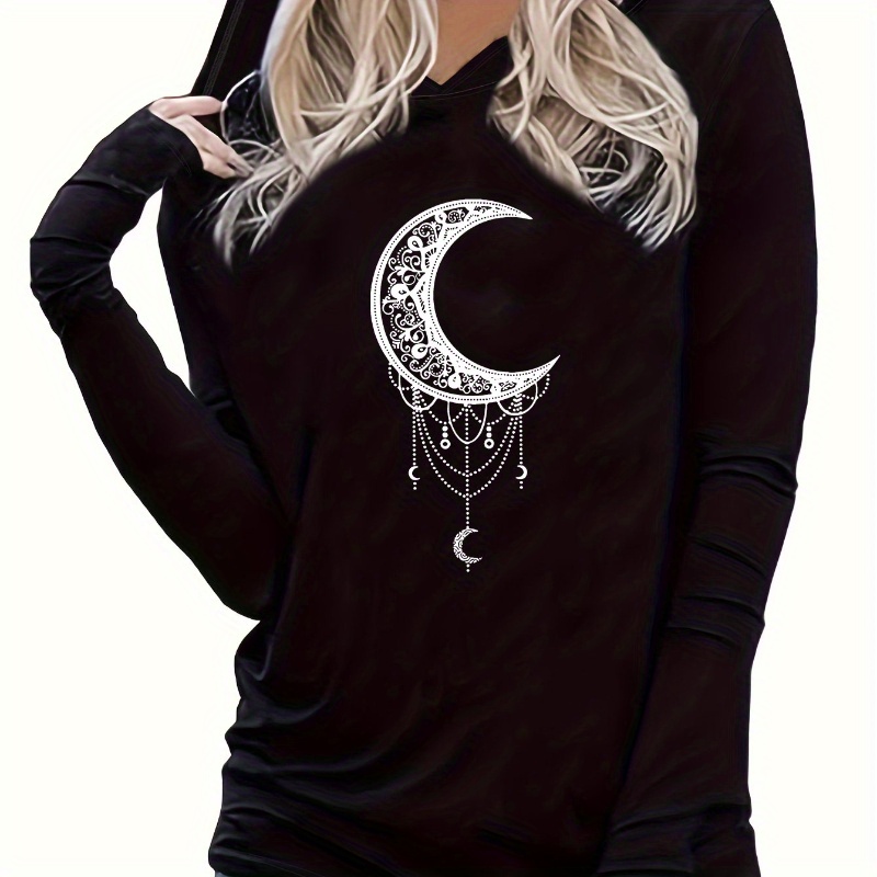 

Moon Print Hooded T-shirt, Casual Long Sleeve Top For Spring & Fall, Women's Clothing