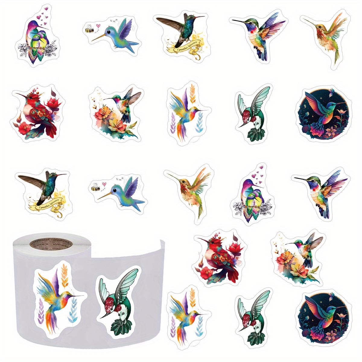 Image of 500pcs Hummingbird Cartoon Sticker Roll - , Self-adhesive Decals For Luggage, Phones, Laptops & More - 10 , Perfect For Diy Projects, Perfect For Winter, New Year