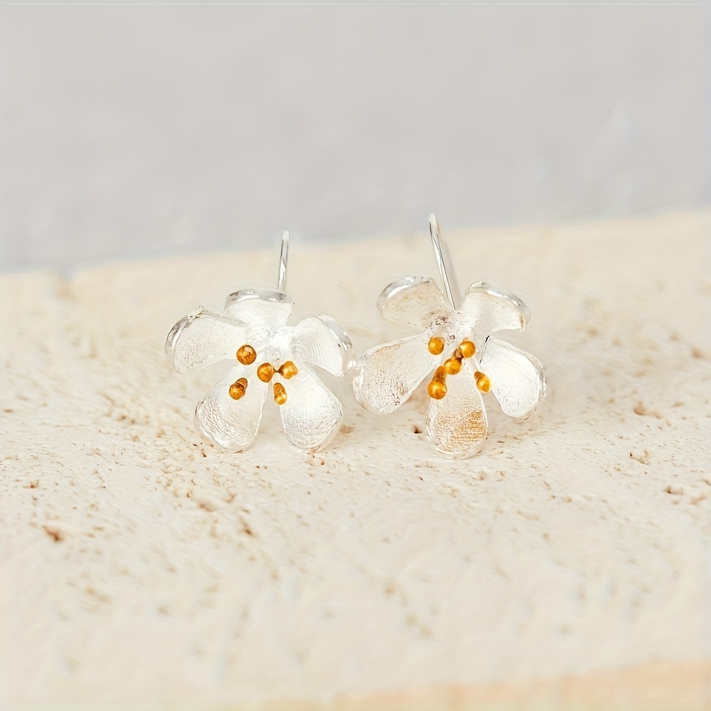 TEMU Exquisite Silver Flower Design Hook Earrings Retro Bohemian Style Alloy Jewelry Dainty Decor For Women Girls Holiday Ornaments